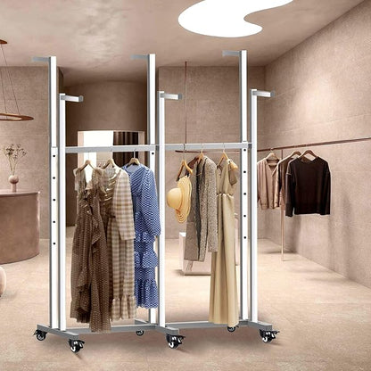 Metal Clothing Rack, 6 Arms Clothes Display Racks with Wheels, Adjustable Floor Standing Garment Rack From 46.85" to 64", Portable Retail Display Stand for Boutique Stores (Silver, 6 Arm/45.66in)