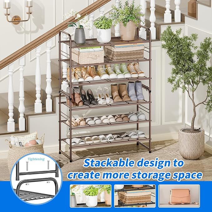 SUFAUY 3 Tier Shoe Rack, Closet Metal Shoe Rack Organizer Heavy Duty, Stackable, Bronze