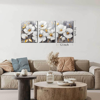 White Flowers Wall Art for Bedroom - Modern Canvas Wall Art for Office - 3 Piece Wall Art for Living Room 12" x 16"