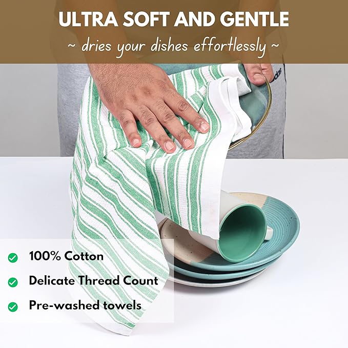 Native Fab Cotton Kitchen Towels - 16x26 inches - Set of 4 - Basket Weave Stripe Dish Towels for Cleaning, Drying Dishes, Absorbent Dish Cloths Set with Hanging Loop - Royal Green