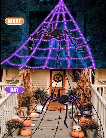 Halloween Decorations Outdoor Spider Web Lights - 550 LED 16.4Ft Spiderweb with 4Ft Large Light Up Spider, Waterproof, 8 Modes Memory Function for Outdoor Yard Halloween Decor (with Spider)