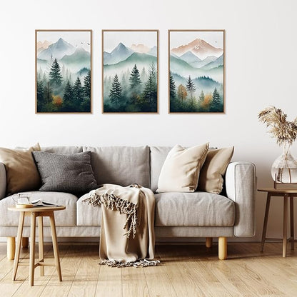 HLNIUC Misty Mountain Forest Framed Wall Art Set,Green Fog Pine Tree Wall Decor,Natural Foggy Forest Scenic Canvas Wall Painting,Fog forest Landscape Art Print for Living Room,Bedroom,Office - 16”x24”x3