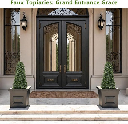 3ft Artificial Boxwood Topiary Trees (Set of 2) - UV Resistant Faux Plants Outdoor, Realistic 36" Fake Cone Bushes and Shrubs for Front Porch, Planter, Patio - Low Maintenance & Evergreen