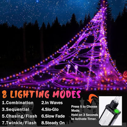 Halloween Spider Web Lights Decoration 455 LED Spider Webs Halloween Decorations Outdoor 16.4 Ft Light Up Giant Spider Web with 8 Lighting Modes & Timer for Outdoor Halloween Decor (Purple & Orange)