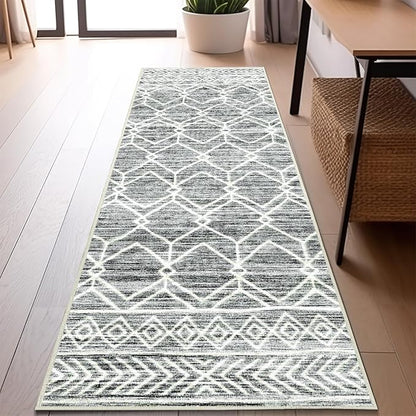 jinchan Moroccan Runner Rug 2x5 - Kitchen Machine Washable Runner Rug Modern Geometric Low-Pile Lightweight Non-Slip Carpet for Entryway Hallway Laundry Room Bedroom Farmhouse (2x5ft, Grey)