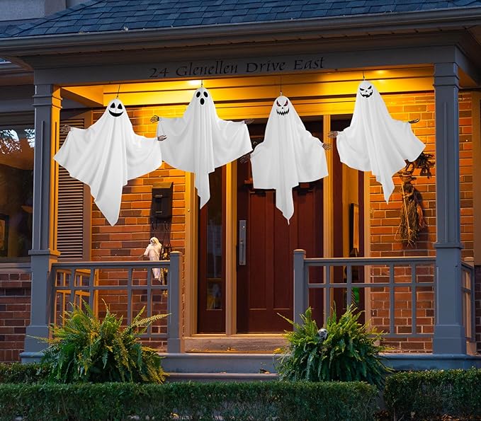 4PCS Hanging Ghosts Halloween Decorations with Skeleton Hands, Spooky Expression for Front Porch and Tree