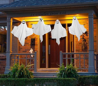 4PCS Hanging Ghosts Halloween Decorations with Skeleton Hands, Spooky Expression for Front Porch and Tree