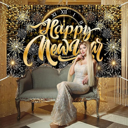 Gold Happy New Year Banner Backdrop Gold Clock Fireworks 2026 Happy New Year Decorations Sparkling Backdrop for NYE Party 2026 Countdown Decor 5.9×3.6 Ft (Polyester)