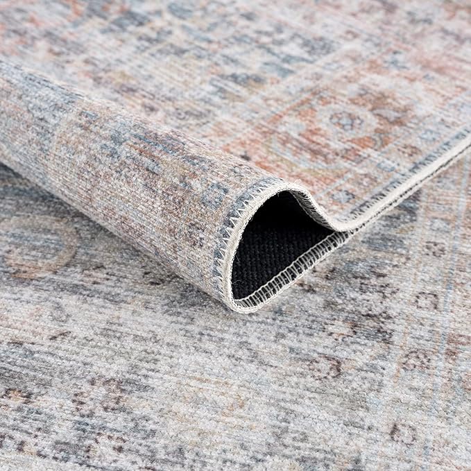 Bloom Rugs Caria Washable Non-Slip 3x5 Rug - Ocean Blue/Brick Traditional Area Rug for Living Room, Bedroom, Dining Room, and Kitchen - Exact Size: 3' x 5'