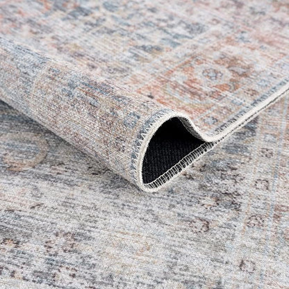 Bloom Rugs Caria Washable Non-Slip 5x7 Rug - Ocean Blue/Brick Traditional Area Rug for Living Room, Bedroom, Dining Room, and Kitchen - Exact Size: 5' x 7'