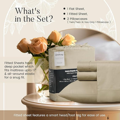 300TC 100% Organic Cotton Twin XL Size Sheets Set, XL Twin Bed Sheets Luxury Hotel Collection Fully Elasticated Sheet & Pillowcase Sets, Machine Washable No Pill Fade Resistant-Tan