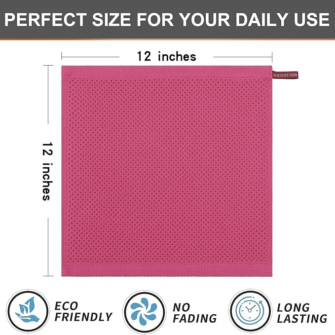 Kitinjoy 100% Cotton Kitchen Dish Cloths, 12 Pack Waffle Weave Ultra Soft Absorbent Dish Towels for Drying Dishes Quick Drying Kitchen Towels Dish Rags, 12 X 12 Inches, Hot Pink