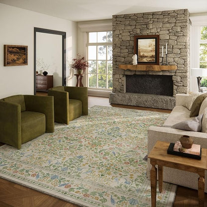 Washable Area Rugs for Living Room: 9x12 Bedroom Rug Boho Vintage Stain Resistant Non Slip Low Pile Lightweight Soft Carpets for Dining Room Kitchen Nursery Kids Room Farmhouse Living Room