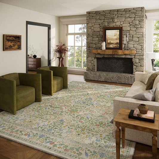 Washable Area Rugs for Living Room: 9x12 Bedroom Rug Boho Vintage Stain Resistant Non Slip Low Pile Lightweight Soft Carpets for Dining Room Kitchen Nursery Kids Room Farmhouse Living Room