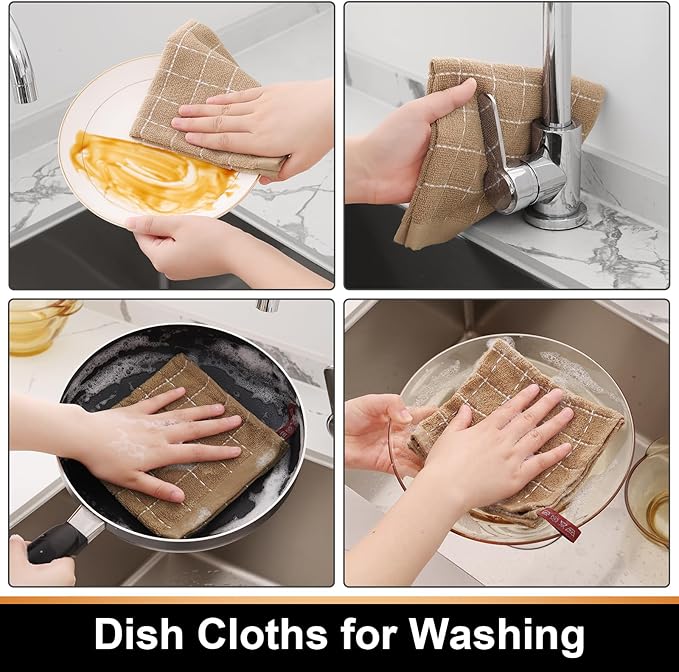 Mordimy 100% Cotton Terry Cloth Dish Cloths, Soft and Absorbent Checkered Dish Towels, Quick Drying Dish Rags for Washing Dishes, 12 Pack, 12 x 12 Inches, Tan