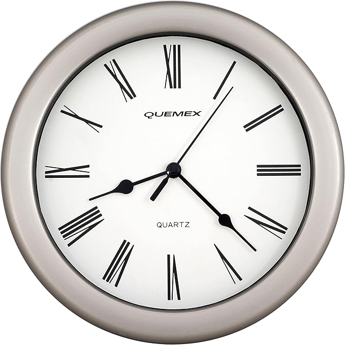JUSTIME 8.5 inch Brushed Metal Water Resistant Wall Clock, Special for Small Space, Office, Boats, RV (WM86-BN-R Brushed Nickel)