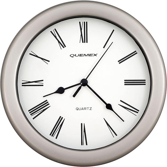JUSTIME 8.5 inch Brushed Metal Water Resistant Wall Clock, Special for Small Space, Office, Boats, RV (WM86-BN-R Brushed Nickel)