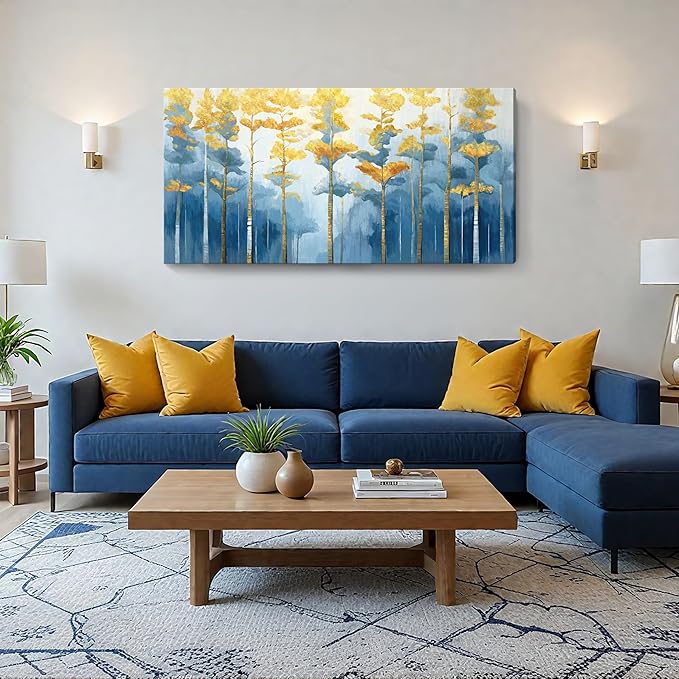 ARTZON Large Tree of Life Wall Art for Living Room Modern Abstract Blue Yellow Birch Print Botanical Nature Horizontal Picture Fall Forest Landscape Canvas Artwork Bedroom Office Dining Decor 48"x24"