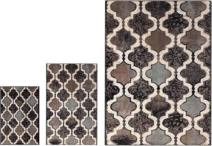 Superior Viking 3 Piece Indoor Area Rug Set, Jute Backing, Modern Trellis Decor for Hallway, Entry, Office, Kitchen, Bedroom, Living Room Floors, Plush Rugs, 2' x 3', 3' x 5', 8' x 10', Chocolate