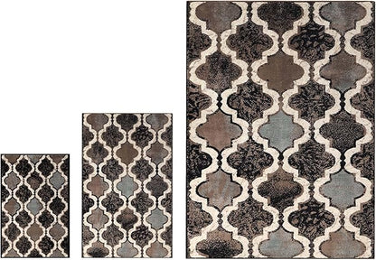 Superior Viking 3 Piece Indoor Area Rug Set, Jute Backing, Modern Trellis Decor for Hallway, Entry, Office, Kitchen, Bedroom, Living Room Floors, Plush Rugs, 2' x 3', 3' x 5', 8' x 10', Chocolate