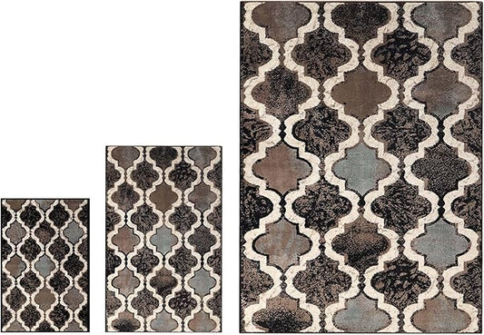 Superior Viking 3 Piece Indoor Area Rug Set, Jute Backing, Modern Trellis Decor for Hallway, Entry, Office, Kitchen, Bedroom, Living Room Floors, Plush Rugs, 2' x 3', 3' x 5', 8' x 10', Chocolate