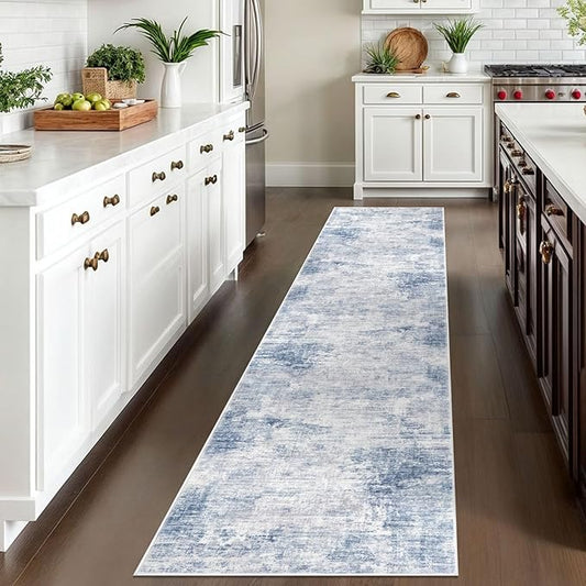 IOHOUZE Abstract Runner Rug 2x10 Ft Washable Runners for Hallways, Non Slip Kitchen Runner Printed Faux Wool Entryway Runner Indoor, Modern Abstract Floor Carpet for Hall Kitchen, Light Blue White