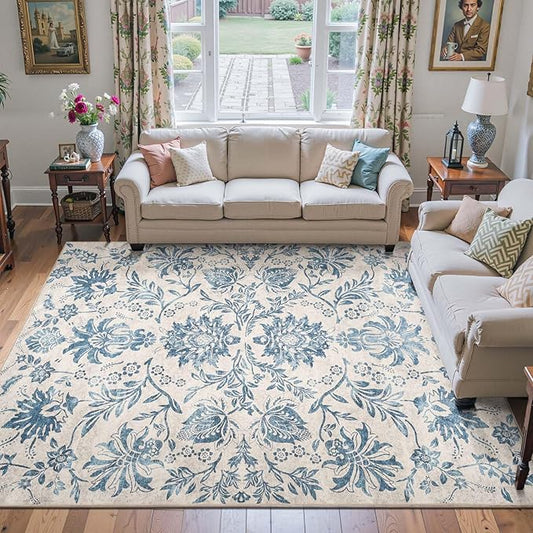 jinchan Floral 8x10 Area Rugs, Vintage-Inspired Design Accent Living Room Rug, Machine Washable Ultra-Thin Low-Pile Non-Slip Traditional Carpet for Bedroom Dining Room Home Office, Dark Blue
