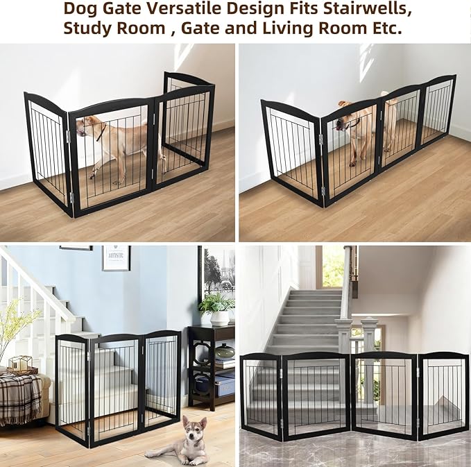 ZJSF Freestanding Foldable Dog Gate for House Extra Wide Wooden Black Indoor Puppy Gate Stairs Dog Gates Doorways Tall Pet Gate 4 Panels Fence