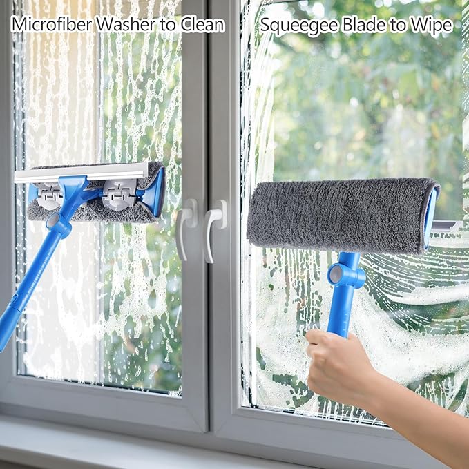 15 Feet High Reach Window Squeegee with Extension Pole(10Ft), 2-in-1 Window Cleaner Tool, Window Washing Kit, Long Window Cleaning Equipment for High Indoor Outdoor Windows Car RV Windshield