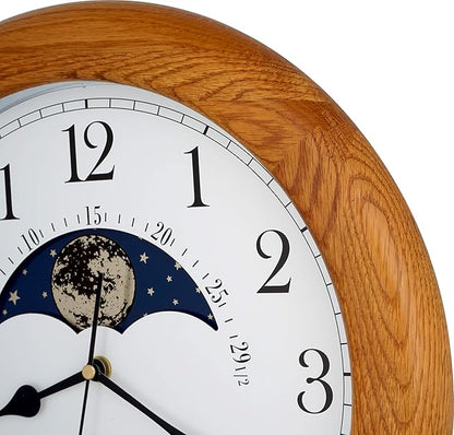 JUSTIME 14 Inch Exclusive Solid Oak Wood Non-Ticking Sweep Mechanical Specialty Moon Phase Moving Dial Wall Clock, Gift, Home Décor