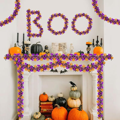 33FT Halloween Tinsel Garland with Orange Pumpkin Purple Bat Ornament, Shiny Metallic Twist Garland Outdoor Indoor Halloween Decorations for Home Table Office Classroom Fireplace Party Decor