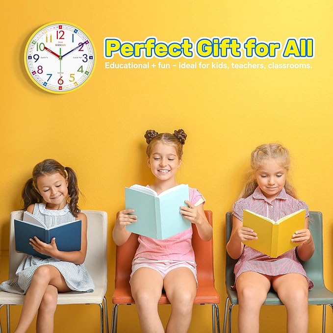 VIKMARI Learning Clock for Kids - Small Silent Non-Ticking Colorful Teaching Clocks Telling The Time for Teaching Time-Decorative Clocks for Kids Room Classroom School Playroom (10 Inch)