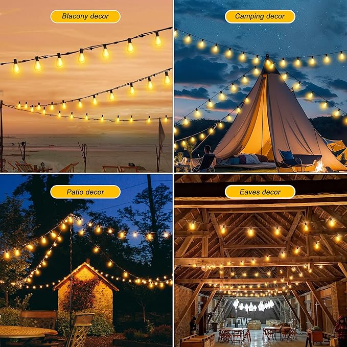 Outdoor String Lights 100FT for Outside Patio Lights with 50+2 Shatterproof S14 LED Dimmable Bulb, Outside Hanging Light Waterproof for Porch Garden Fences Backyard Balcony Pathways 2700K