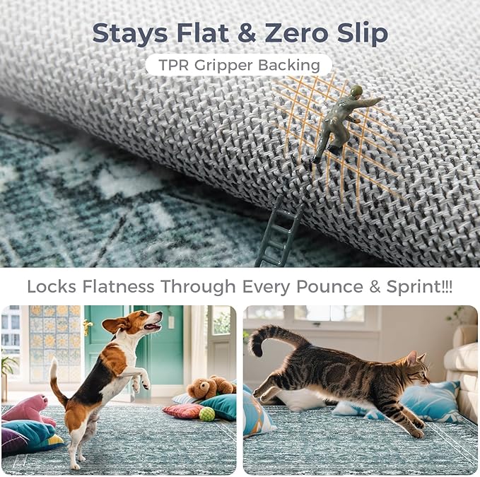 OPPODREAM Thin Vintage Teal 2x8 Runner Rug, 2 x 8 Retro Washable Rug Non Slip, Low-Pile Faux Wool Carpet, Distressed Floor Mat for Kitchen, Hallway, Entry-Way, Entrance, Indoor Back Door