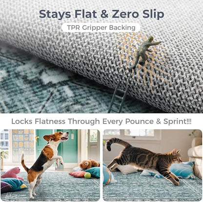 OPPODREAM Thin Vintage Teal 2x8 Runner Rug, 2 x 8 Retro Washable Rug Non Slip, Low-Pile Faux Wool Carpet, Distressed Floor Mat for Kitchen, Hallway, Entry-Way, Entrance, Indoor Back Door