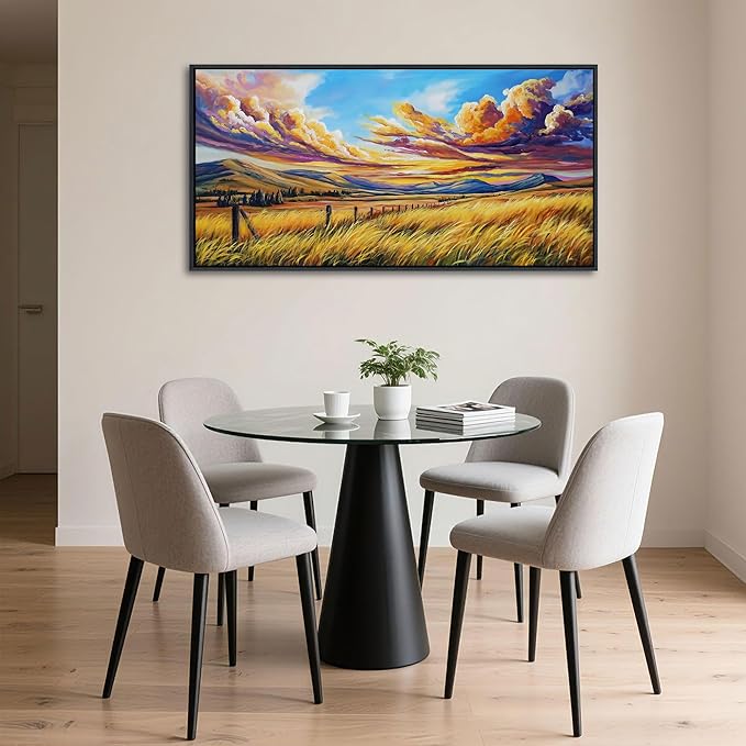 QZQCBLC Yellow Canvas Wall Art, Fall Grass Clouds Landscape Paintings Artwork Endless Mountain Range Rustic Scenery Wall Pictures for Living room Bathroom Bedroom Home Office Decor 20x40 IN