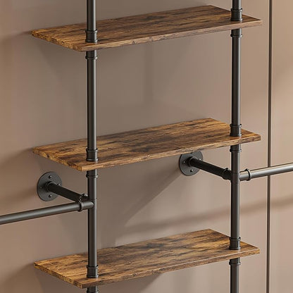 Industrial Pipe Clothing Rack, Wall-Mounted Clothes Rack with Shelf Wood Hanging Organizer, Space Saving Corner or Straight Design for Retail Store, Bedroom, Closet
