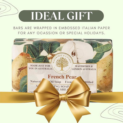 Wavertree & London French Pear Scented Natural Soap Bar, 7oz Moisturizing French Triple Milled Soap Bar for Women & Men Enriched with Organic Shea Butter, Pure Bath & Body Soap (1 Bar)