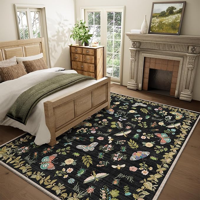 Machine Washable Rug for Living Room: 9x12 Area Rugs Vintage Bedroom Rug Stain Resistant Non Slip Low Pile Soft Carpet for Bedroom Kitchen Dining Room Nursery Kids Room Farmhouse Home Office