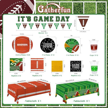 Gatherfun Football Party Supplies Kit for 24 Guests - Includes Large 12.5in Plates, Dessert Plates, Napkins, Cups, Banner and Touchdown Tablecloth - for Football Tailgate Party Decorations