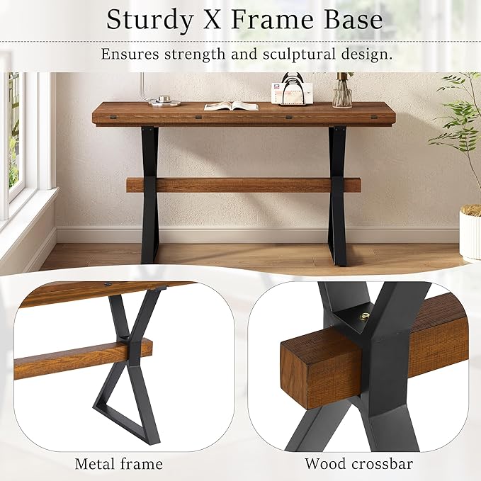 Scott Living Rockleigh Expandable Console Table, Rectangular Sofa-Table, X-Shaped Metal Frame Couch Table, Entryway Sofa-Table, Narrow Accent Behind Couch, Space Save Expandable for Living Room, Brown