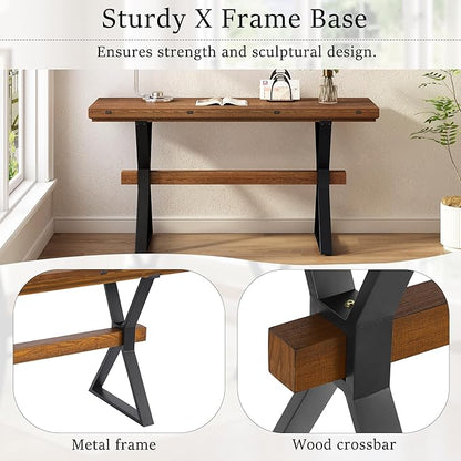 Scott Living Rockleigh Expandable Console Table, Rectangular Sofa-Table, X-Shaped Metal Frame Couch Table, Entryway Sofa-Table, Narrow Accent Behind Couch, Space Save Expandable for Living Room, Brown