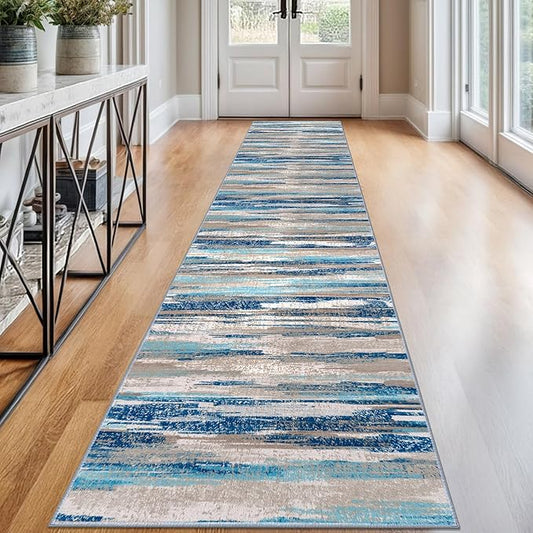 Modern Abstract Runner Rug 2.6x12, Blue Washable Long Kitchen Runner Non-Slip Soft Hallway Rug Runner Thin Print Faux Wool Carpet for Entryway Bedroom Laundry Room Indoor Home Decor