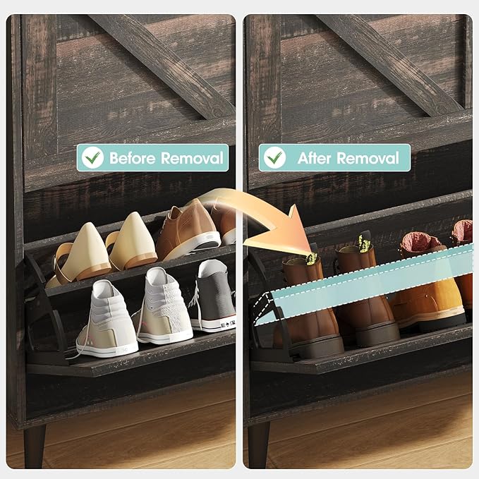 Vabches Shoe Storage Cabinet with 2 Flip Drawers,Freestanding Narrow Shoe Organizer with Open Storage,Hidden Slim Shoe Rack Cabinet for Entryway,Dark Rustic Oak (2 Pack)