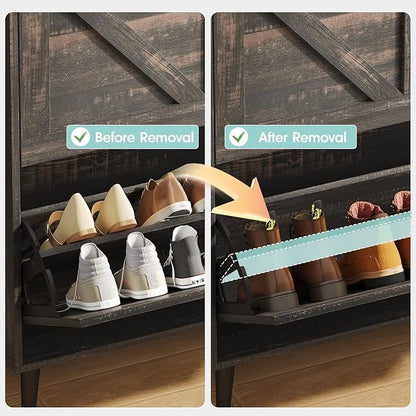 Vabches Shoe Storage Cabinet with 2 Flip Drawers,Freestanding Narrow Shoe Organizer with Open Storage,Hidden Slim Shoe Rack Cabinet for Entryway,Dark Rustic Oak (2 Pack)