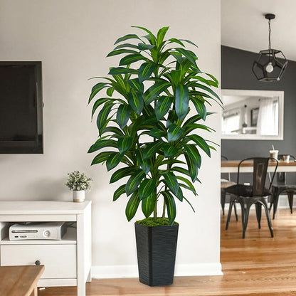 Artificial Dracaena Plant 6FT Tall - Fake Tree with Black Planter - Faux Yucca Tall Fake Floor Plant in Pot - Artificial Trees for Home Bedroom Office Indoor Living Room Decoration