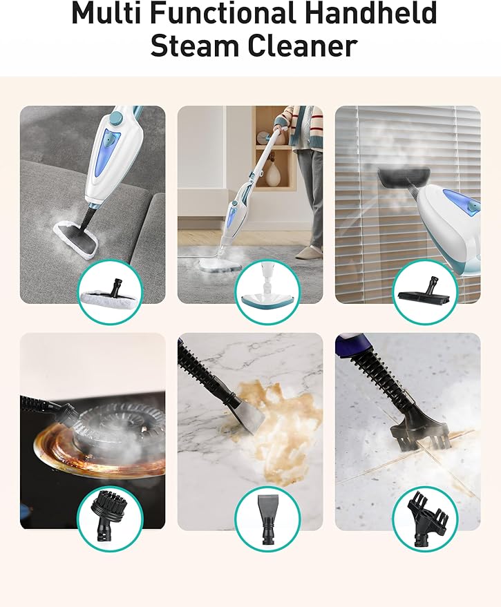 12-in-1 Steam Mop, Fast 15-Sec Heat-Up, 1500W Detachable Handheld Steam Cleaner with 2 Dirt Grip Pads, Removes 99.99% Stubborn Stains for Hardwood Floors, Windows, Tiles, Furniture, Turquoise