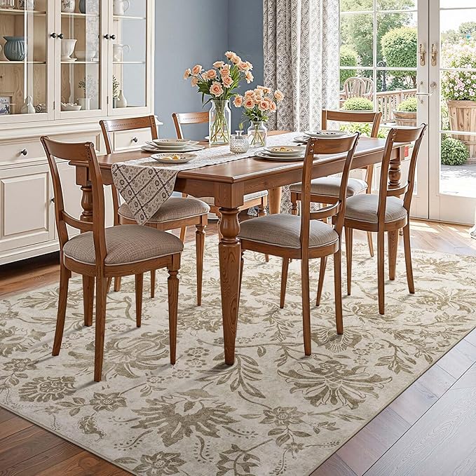 jinchan Floral 8x10 Area Rugs, Vintage-Inspired Neutral Design Accent Living Room Rug, Machine Washable Ultra-Thin Low-Pile Non-Slip Traditional Carpet for Bedroom Dining Room Home Office, Taupe