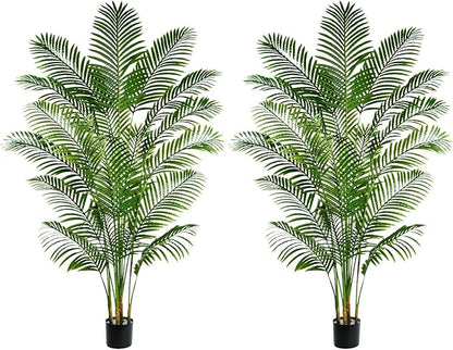 2 Pack Artificial Palm Tree 7FT Artificial Plants Indoor Tropical Fake Palm Tree Areca Floor Plant in Black Pot with 18 Trunks & Real Bark Design, Faux Palm Plant for Outdoor Patio Home Office Decor