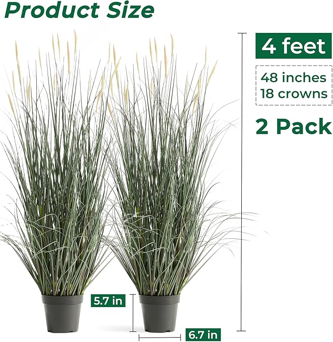 Faux 4ft 2-Pack Horsetail Reed Grass with Pink Spikes, 48in Tall Indoor Outdoor Fake Grass in Pot, Home Office Decorative Artificial Plant & Greenery, Wedding Decor Green Bristlegrass